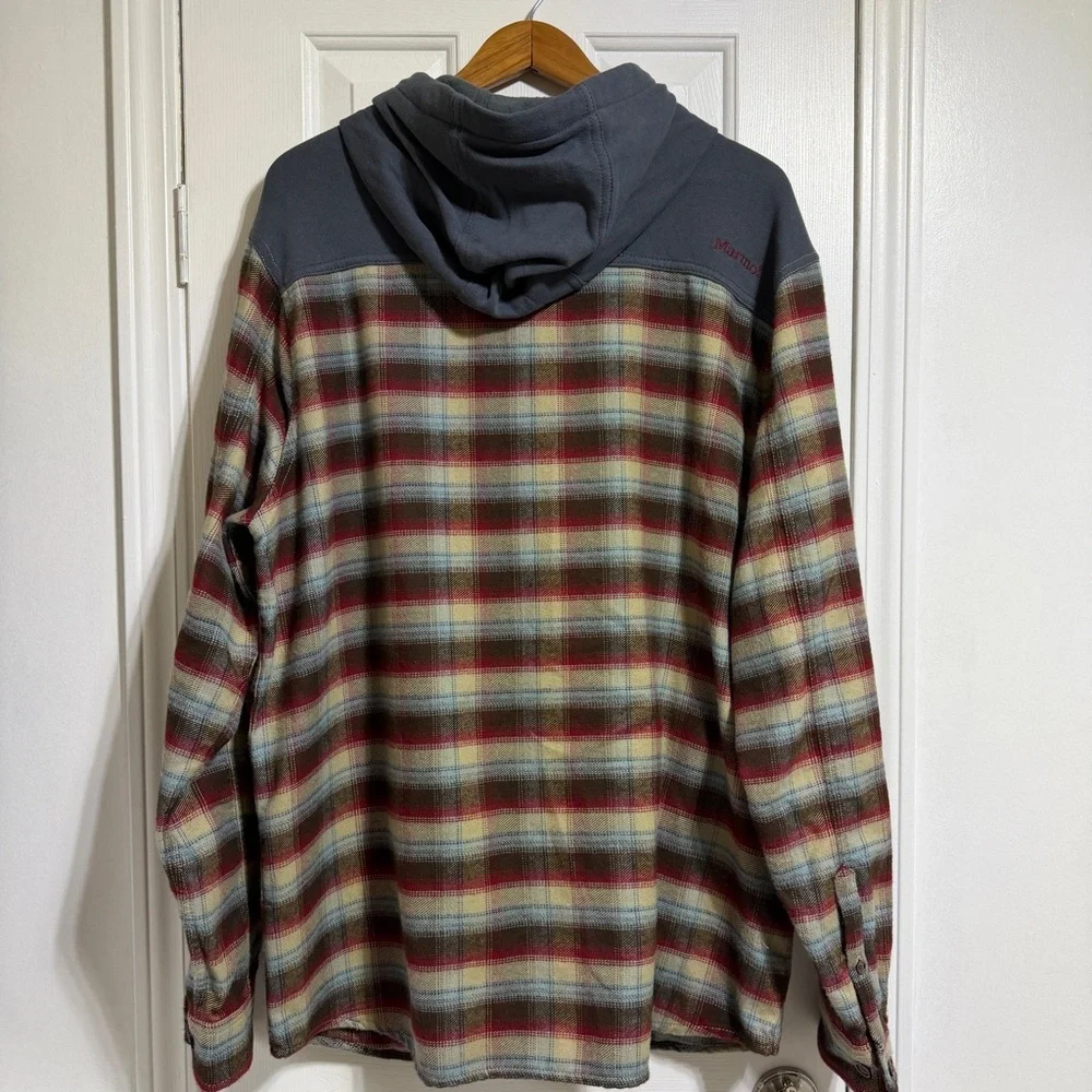 Marmot Men's flannel Plaid Hooded Shirt jacket Shacket Blue Red size XXL